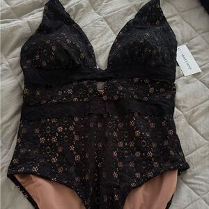 Meet.Curve: Black Sexy Lace Plunge One Piece Swimsuit, XL